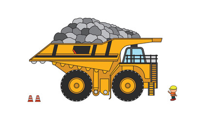 Vector illustration Hand drawn color children construction large size mining truck carrying rocks clipart