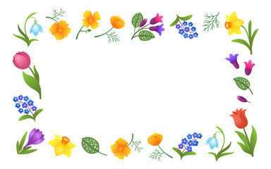 Spring flowers frame border. Bright floral frame. Cartoon flowers of early springtime. Snowdrop, daffodil, tulips, crocus, forget-me-nots. Vivid colors flower frame isolated on white background.
