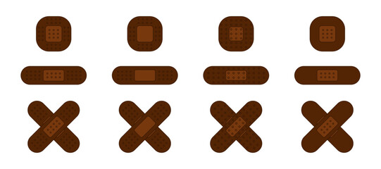 Set of adhesive plaster bandage elastic. Medical patches for black dark skin. Isolated vector and PNG illustration on transparent background.