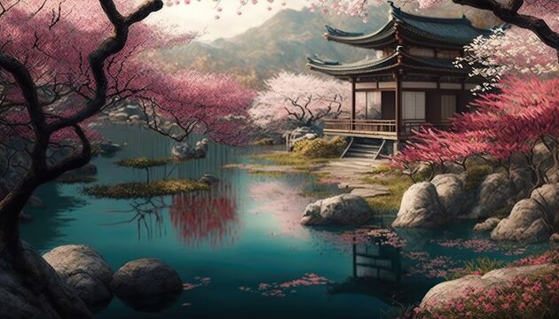Japonese garden with cherry blossom, sakura, with water lake generative ai