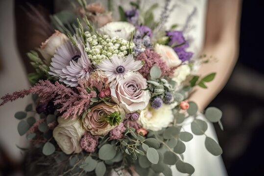 Close up of beautiful wedding bouquet of flowers in the bride's hands on the blurred background. AI generative