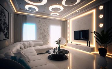 modern, luxurious living room design, with led lights. Generative AI