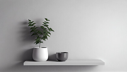 Fototapeta premium White wall shelf in front of blank text area white wall with small plant in pot created with Generative AI Technology