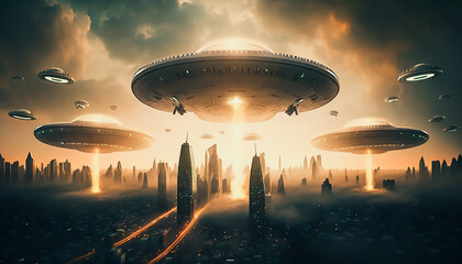 Fototapeta na wymiar UFO flying over city. Unidentified flying object, Generative ai