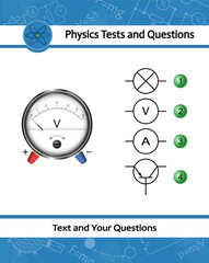 Round voltmeter with metal frame. Voltmeter and icons electrical scheme. Physical test. Find the right answer. Simple electric circuit diagram. Helpful for education in schools at physics lesson.