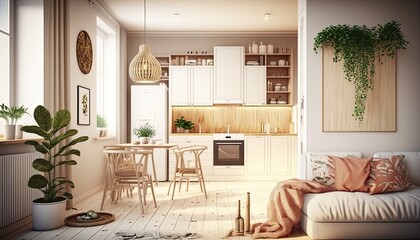 Warm pastel white and beige colors are used in the interior design of the spacious, cheerful studio apartment in the Scandinavian style generative ai