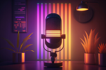 Microphone in neon home studio for recording, gaming, podcast or streaming