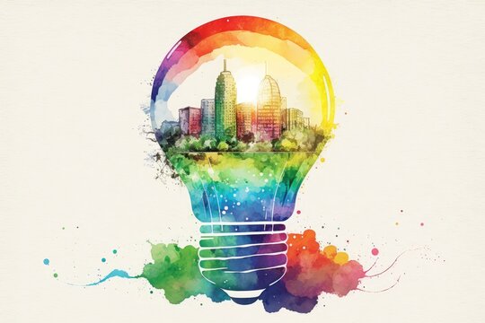 Watercolor rainbow light bulb with city background. Generative AI