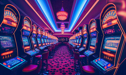 Luxury casino interior with lots of slot machines. Postproducted generative AI illustration. - obrazy, fototapety, plakaty