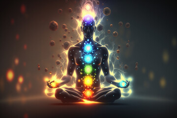 Illustration of human meditating, spirituality, astral body with light rays and chakra activation, mystical spirit - obrazy, fototapety, plakaty