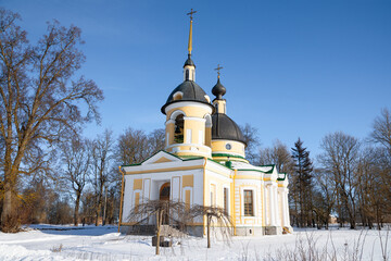 Ancient Church of the Life-Giving Trinity (1755) on a sunny February day. Gostilitsy. Leningrad region, Russia