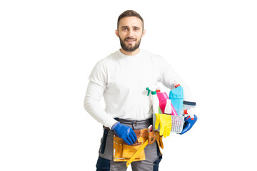 cleaner worker in gloves with detergents
