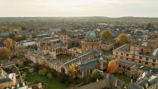 Beautiful aerial view of Oxford England. Old Great Britain city. A lot of colleges and university. Student campus. Amazing autumn town, with historical architectures and old churches and libraries