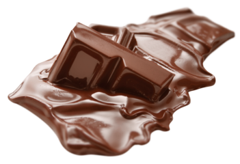Melting piece of dark chocolate bar isolated, selective DOF