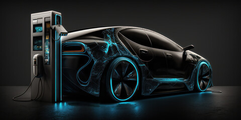 Obraz na płótnie Canvas futuristic electric car in charging station. generative ai