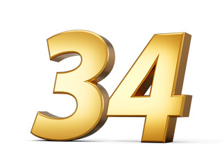 Obraz premium Golden metallic Number 34 thirty four, White background 3d illustration