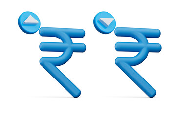 3d Blue Shiny Indian Rupee Symbol, Increase and Decrease Icon On White Background, 3d Illustration