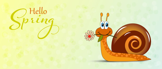 Cute cartoon snail with flower. Vector illustration of animal on the blue spring and summer background.