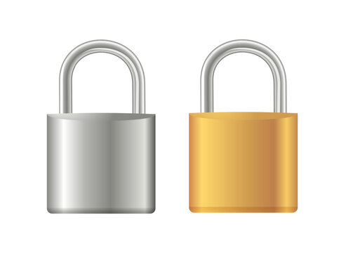 Gold and steel padlocks set. Golden closed and golden padlock isolated. Chrome locks template.Vector