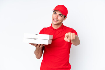 Pizza delivery caucasian man with work uniform picking up pizza boxes isolated on white background...