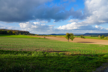 Obraz premium Landscape at the Goldbergsee in the district of Kulmbach. Nature with fields and meadows. 