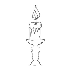 Candle with flowing wax in a candlestick. Hand drawn illustration in doodle style.