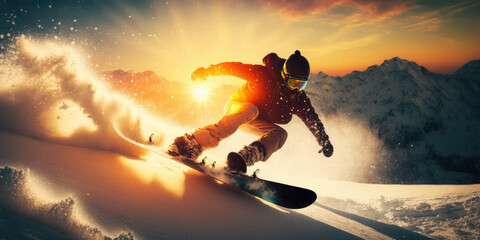 man with snowboard snowboarding in the snow at sunset. generative ai