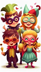 Happy kids celebrating festival Purim, Mardi Gras or Halloween in carnival masks and costumes. Flat cartoon illustration.