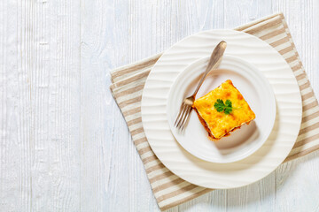 Greek Pastitsio on white plate, top view