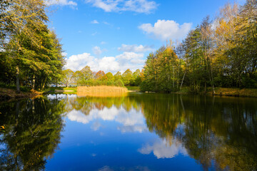 Fototapeta na wymiar Ostheim natural bathing lake near Malsfeld. Idyllic landscape by the lake in autumn. 