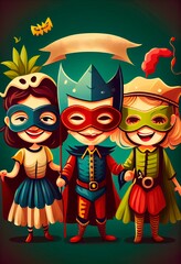Fototapeta premium Happy kids celebrating festival Purim, Mardi Gras or Halloween in carnival masks and costumes. Flat cartoon illustration.