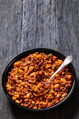 Beans and Sausage bake in baking dish, top view