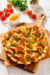 cheesy garlic bread, pull apart bread, top view