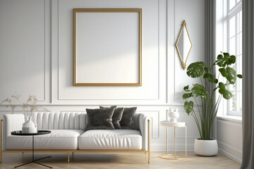 Blank Frame In Modern Interior Background, Scandinavian Style, Living Room, Art Deco Style, 3D Render Illustration. Generative AI.