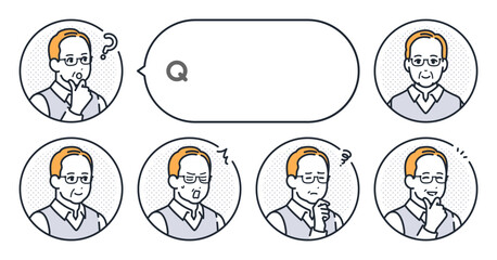 Fototapeta premium シニア男性のシンプルな顔アイコンと吹き出しのベクターイラストセット素材