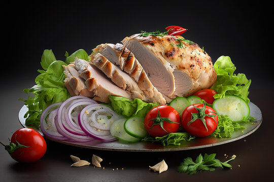 Rotisserie Chicken Slices With Salt And Pepper On A Bed Of Lettuce. Generative AI