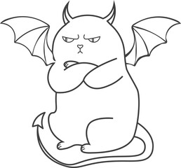 Animal character angry fat cat with devil wings outline contour