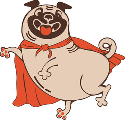 Funny animal character smiling pug in superhero red cape