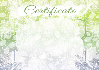 Certificate templatefor business design. Watercolor abstract frames, violet, green gradient with leave texture. Certificate, diploma for printing