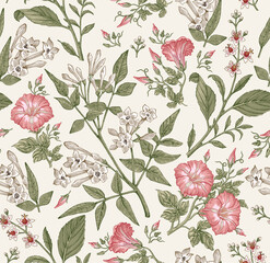 Seamless pattern. Beautiful fabric blooming realistic isolated flowers. Vintage background. Set Jasmine Petunia Croton wildflowers. Wallpaper baroque. Drawing engraving. Vector victorian illustration © Наталья Лобенко