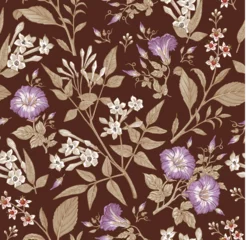 Behang Seamless pattern. Beautiful fabric blooming realistic isolated flowers. Vintage background. Set Jasmine Petunia Croton wildflowers. Wallpaper baroque. Drawing engraving. Vector victorian illustration © Наталья Лобенко