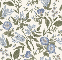 Seamless pattern. Beautiful fabric blooming realistic isolated flowers. Vintage background. Set Jasmine Petunia Croton wildflowers. Wallpaper baroque. Drawing engraving. Vector victorian illustration © Наталья Лобенко