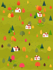 Autumn landscape vector illustration. Flat style trees and firs with village cottage houses and mountains. Nature scene poster or card.
