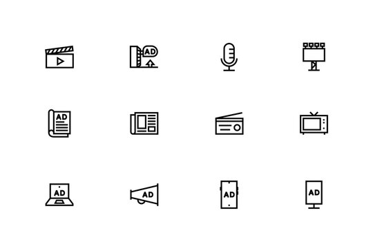 Advertisement placements icon set with adjustable line weight