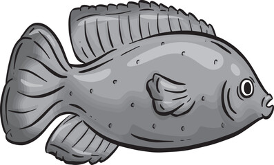 Underwater Marine Fish Cartoon Illustration in a Vector In Greyscale Black and White