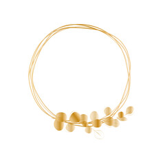 Golden circular frame with branches and leaves. Vector hand drawn frame with eucalyptus leaves isolated on white.Decorative design elements.