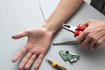 Hand with implantation of micro chip. X-Ray view close-up. Chipization of people, control population