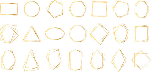 Set of geometric gold frame isolated on white.Golden Geometrical frames.Simple abstract golden frames.Set of luxury gold frames collection.Luxury gold borders for wedding invitation elements.