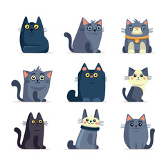 Cute Cartoon Style Cat Characters Set on White Background. Vector