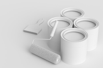 Set of metal can or buckets with paint roller and brush on monochrome background